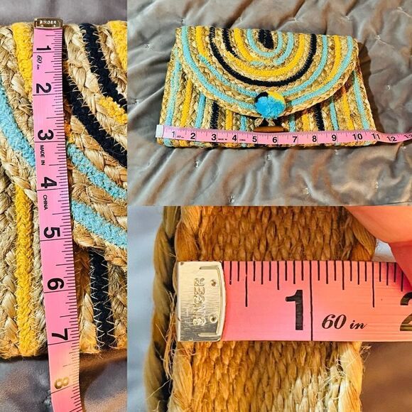 AMERICA & BEYOND Sunset Striped Staw Woven Jute Clutch Purse Tan Blue OS NWT - Picture 12 of 12